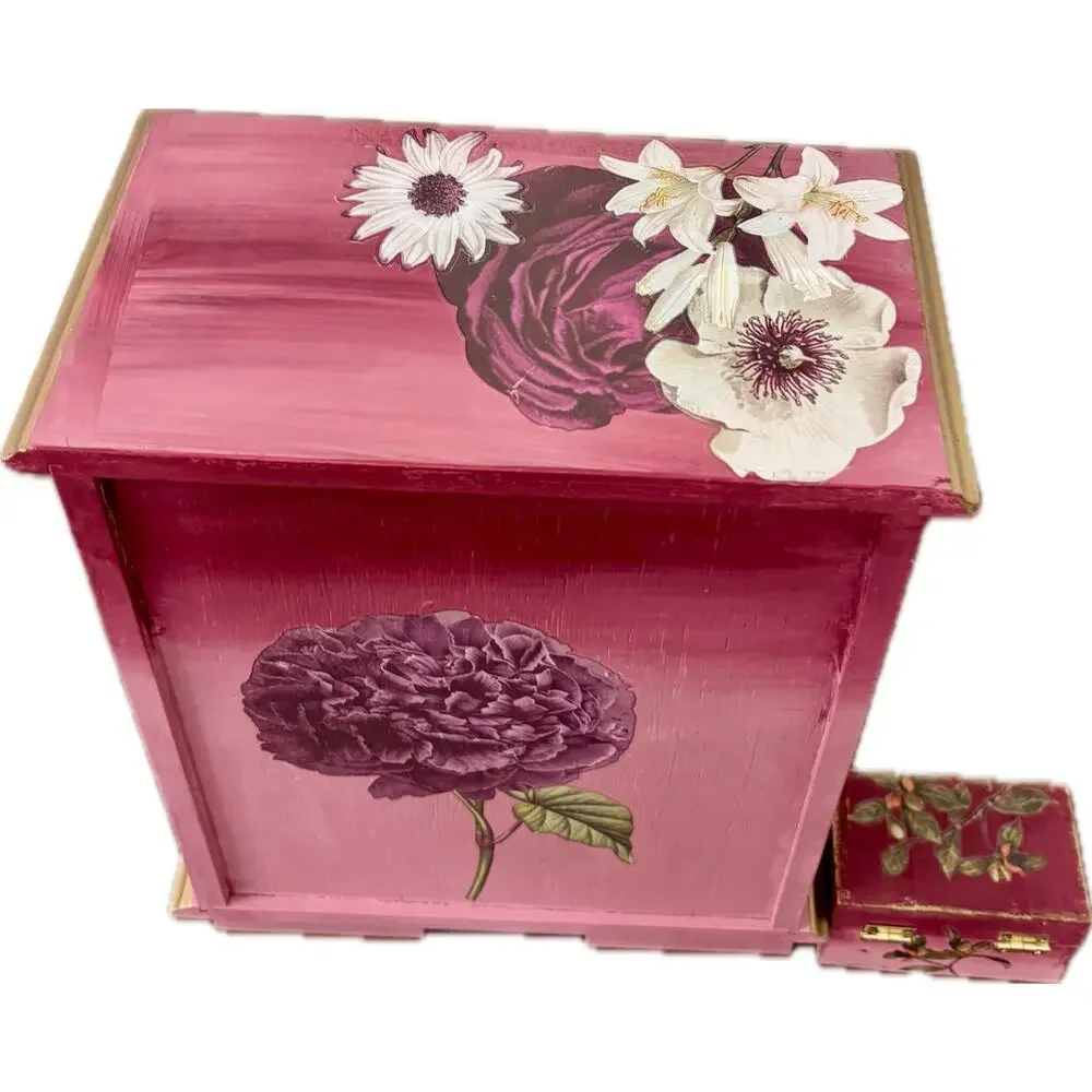 Upcycled Vintage Wooden Jewelry Box | Hand-Painted Dusty Pink & Maroon Ombre